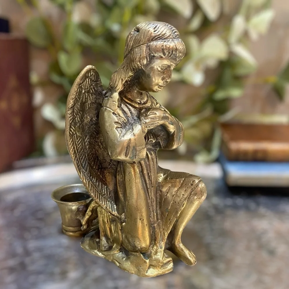 Vintage Brass Angel Candleholder Heavy Cast Metal Candlestick